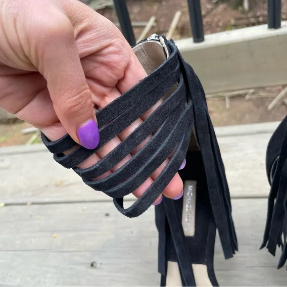 Michael Kors Daphne Black Fringe Platform Open Toe Stiletto Sandals Shoes 39.5 - Picture 6 of 16